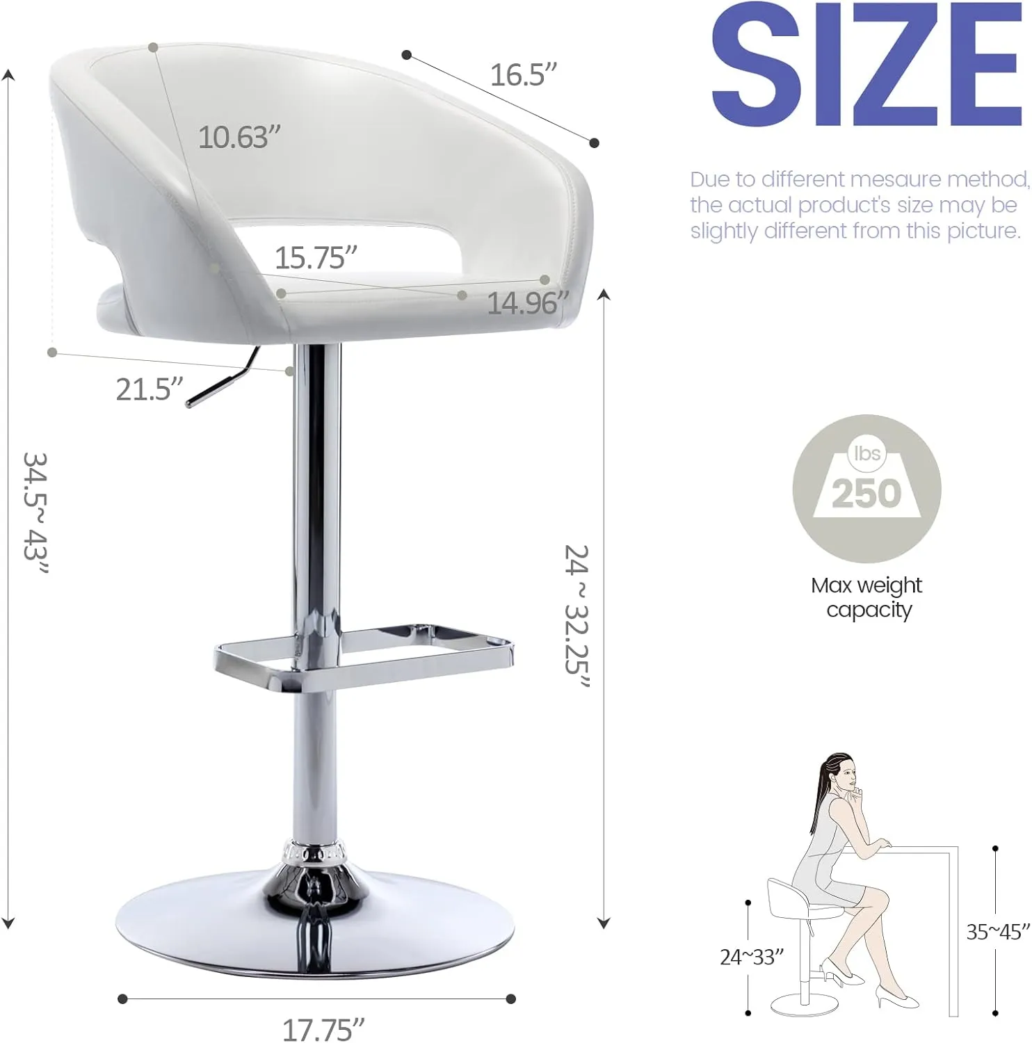 Vogue Furniture Direct Adjustable Bar Stool with Hollow Back and Arms, Modern PU Leather Swivel Barstool, Airlift Counter Height Bar Chair for Kitchen Dining Room (Pearl White)