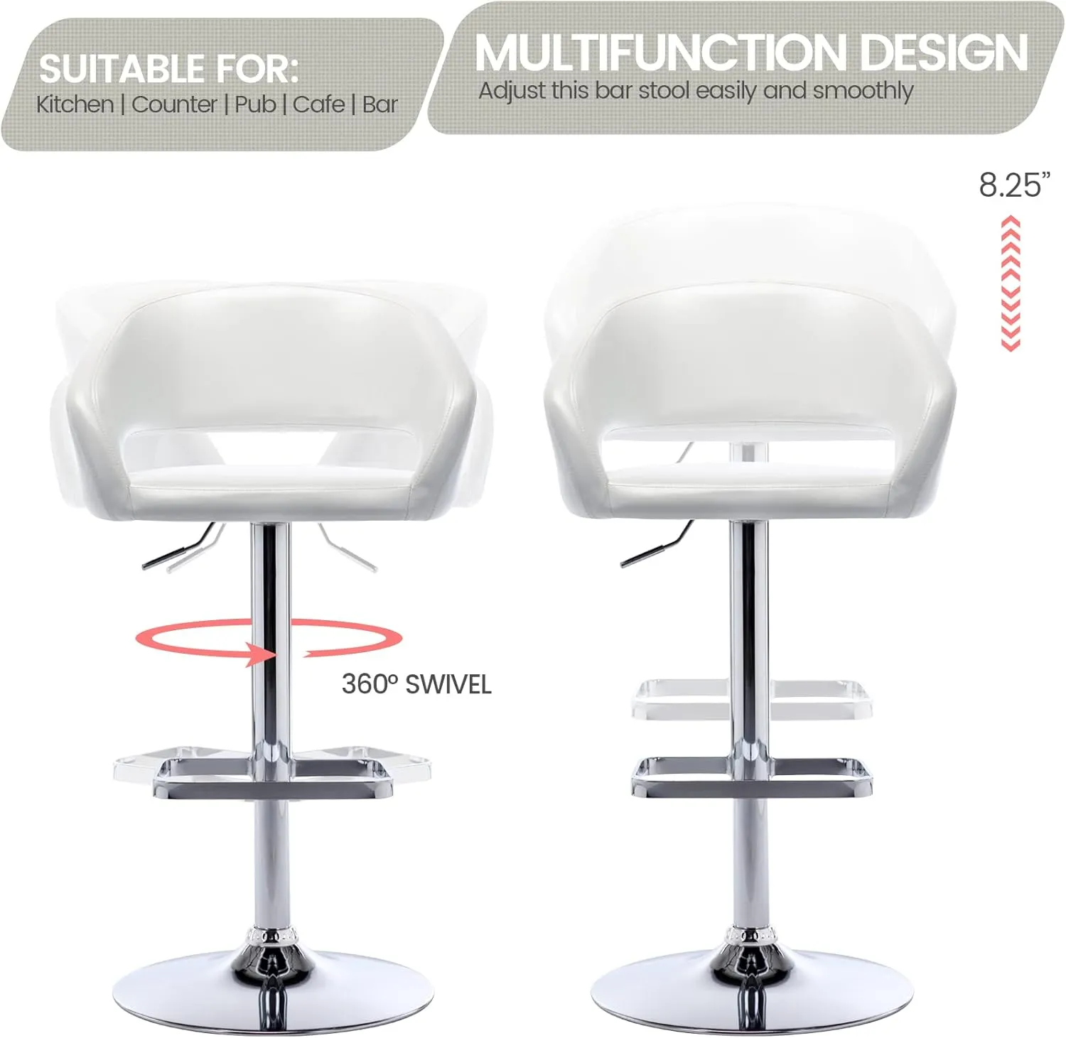 Vogue Furniture Direct Adjustable Bar Stool with Hollow Back and Arms, Modern PU Leather Swivel Barstool, Airlift Counter Height Bar Chair for Kitchen Dining Room (Pearl White)