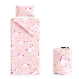 Wake In Cloud - Sleeping Bag for Kids Toddlers Girls, Portable Compact Lightweight Backpacking Nap Mat with Pillow and Blanket, Cute Colorful Unicorns, Pink, 55" x 30"