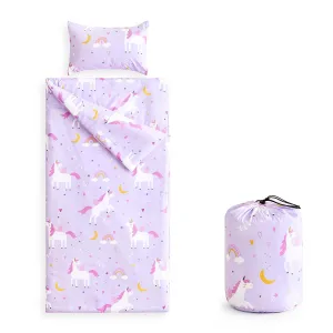 Wake In Cloud - Sleeping Bag for Kids Toddlers Girls, Portable Compact Lightweight Backpacking Nap Mat with Pillow and Blanket, Cute Colorful Unicorns, Purple, 55" x 30"