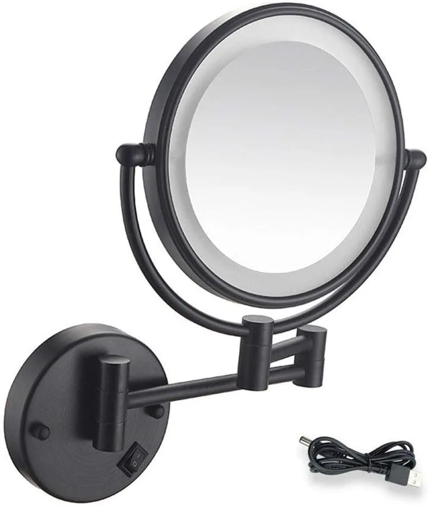 Wall Mount LED Lighted Makeup Mirror 5X Magnifying USB Rechargeable Cosmetic Mirror 360° Swivel Extendable Two Sided Vanity Mirror for Bathroom(Black Bronze)