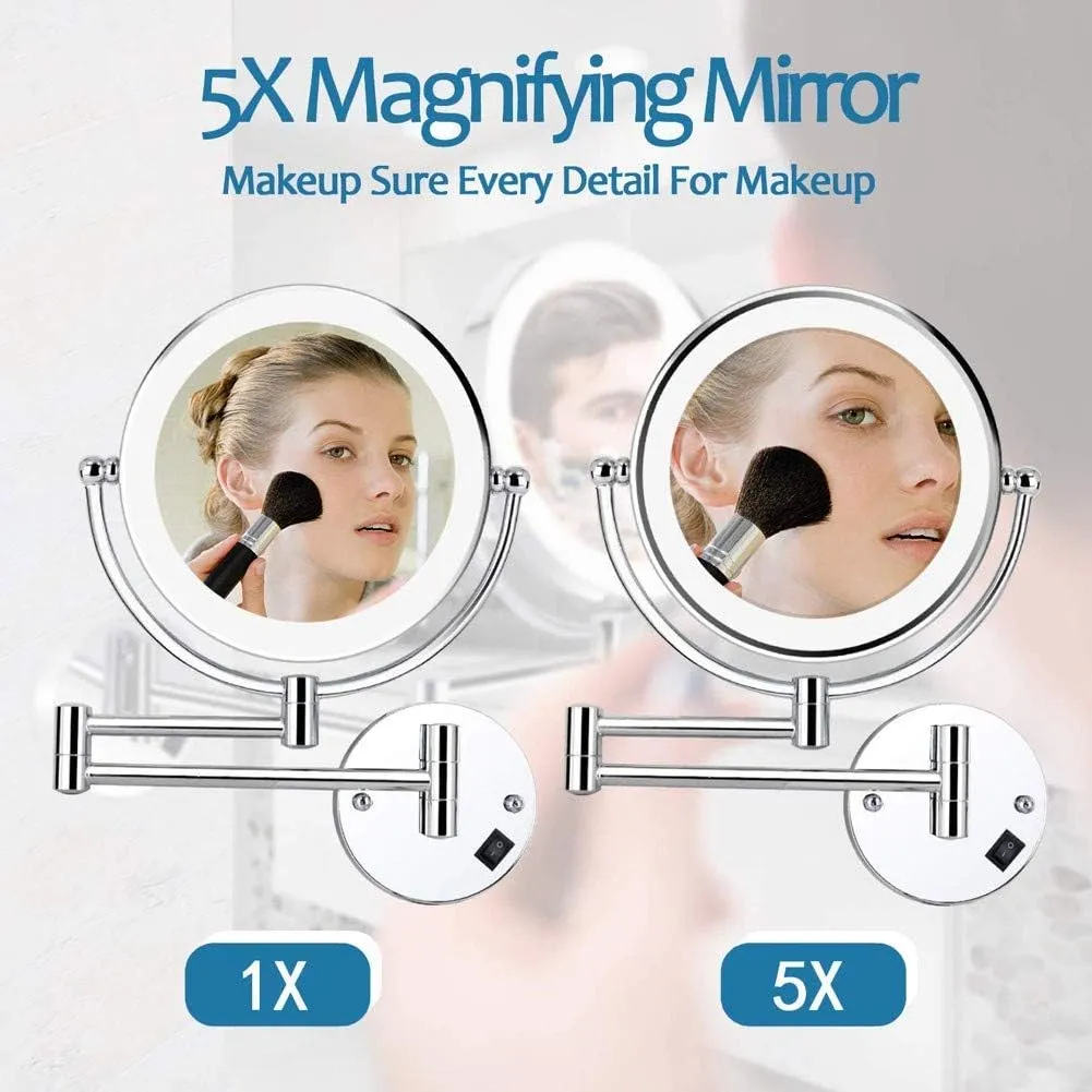 Wall Mount LED Lighted Makeup Mirror 5X Magnifying USB Rechargeable Cosmetic Mirror 360° Swivel Extendable Two Sided Vanity Mirror for Bathroom(Black Bronze)