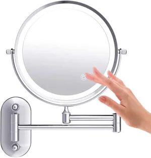 Wall Mounted Makeup Mirror 5X Magnification Double Sided Folding Bathroom Mirror with 3 Color Lights Retractable 360° (Color : Chrome)