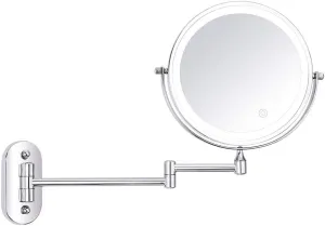 Wall Mounted Makeup Mirror 8 Inches LED Double Sided 5X Magnifying Vanity Mirror Swivel Extendable Touch Screen Adjustable Light Bathroom Shaving Mirror USB Rechargeable
