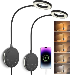 Wall Mounted Reading Light,Headboard Reading Lamp with 5 Color Temperature &5 Dimming,360°Flexible Gooseneck,USB Output, Night Light&Timer Function- Perfect for Reading in Bed Black 2 PCS