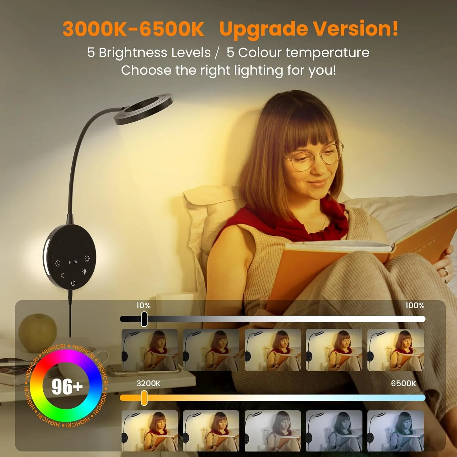 Wall Mounted Reading Light,Headboard Reading Lamp with 5 Color Temperature &5 Dimming,360°Flexible Gooseneck,USB Output, Night Light&Timer Function- Perfect for Reading in Bed Black 2 PCS
