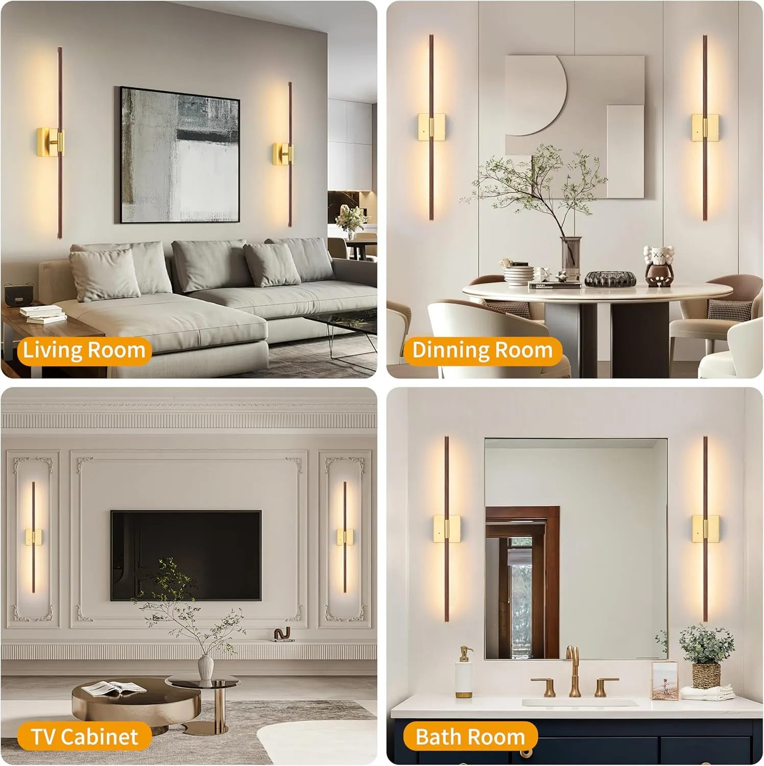 Walnut Battery Operated Wall Sconce with Remote Control, Rechargeable Wall Sconces Set of 2, LED Wireless Wall Light, 24″ Modern Sconce Wall Decor for Background Wall, Bedroom, Living Room