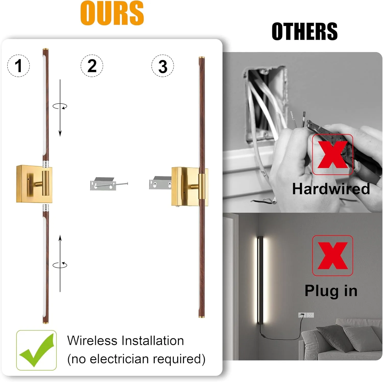 Walnut Battery Operated Wall Sconce with Remote Control, Rechargeable Wall Sconces Set of 2, LED Wireless Wall Light, 24″ Modern Sconce Wall Decor for Background Wall, Bedroom, Living Room