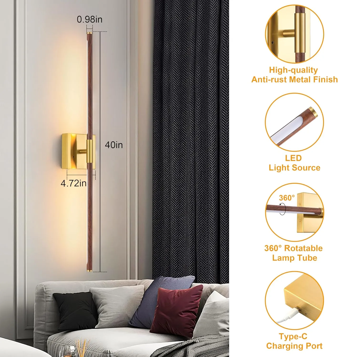 Walnut Battery Operated Wall Sconce with Remote Control, Rechargeable Wall Sconces Set of 2, LED Wireless Wall Light, 24″ Modern Sconce Wall Decor for Background Wall, Bedroom, Living Room