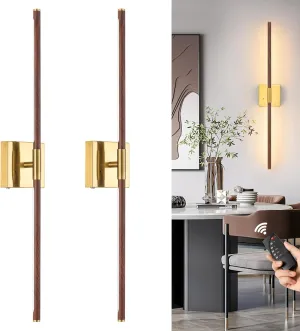 Walnut Battery Operated Wall Sconce with Remote Control, Rechargeable Wall Sconces Set of 2, LED Wireless Wall Light, 24″ Modern Sconce Wall Decor for Background Wall, Bedroom, Living Room