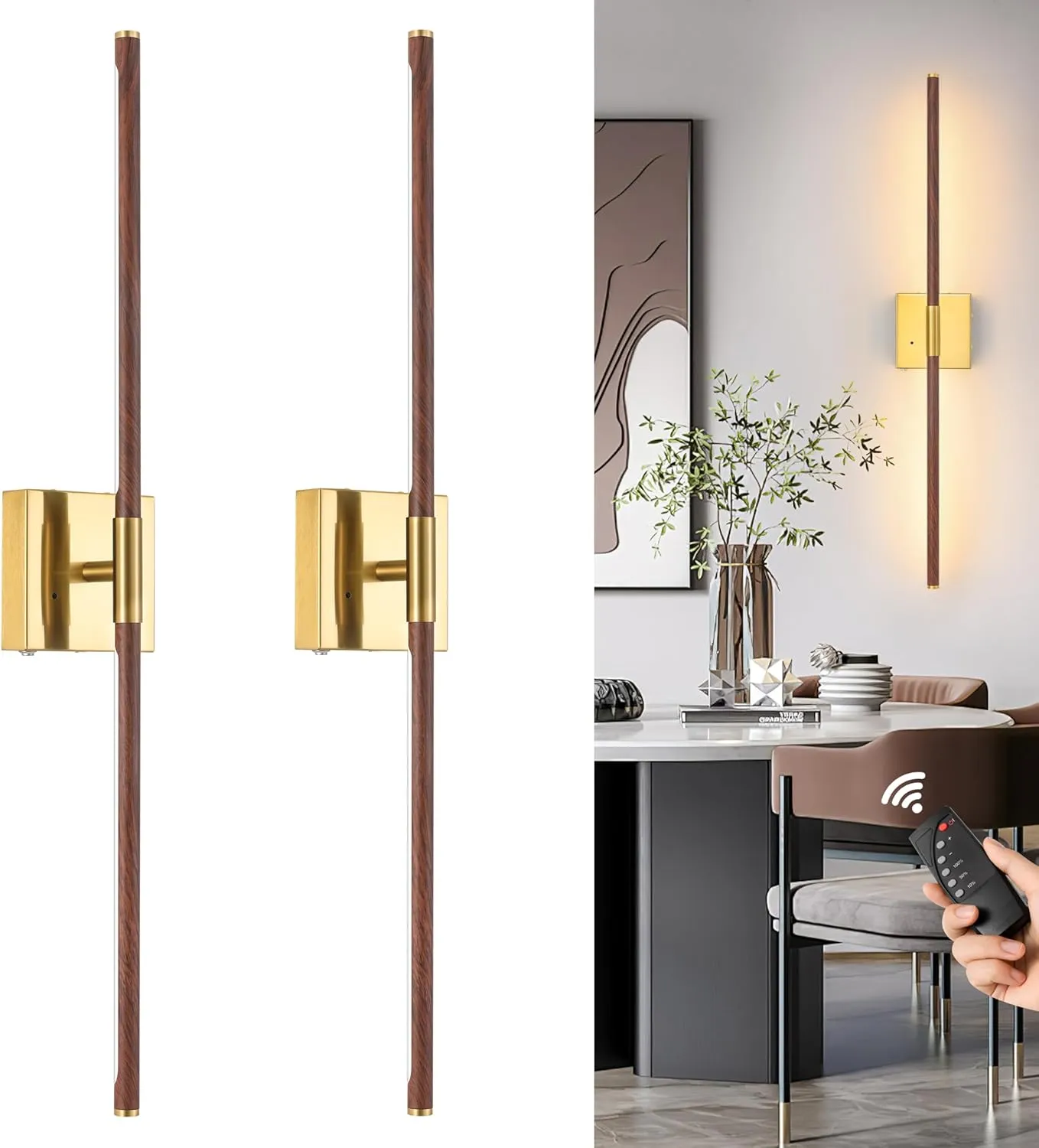 Walnut Battery Operated Wall Sconce with Remote Control, Rechargeable Wall Sconces Set of 2, LED Wireless Wall Light, 24″ Modern Sconce Wall Decor for Background Wall, Bedroom, Living Room