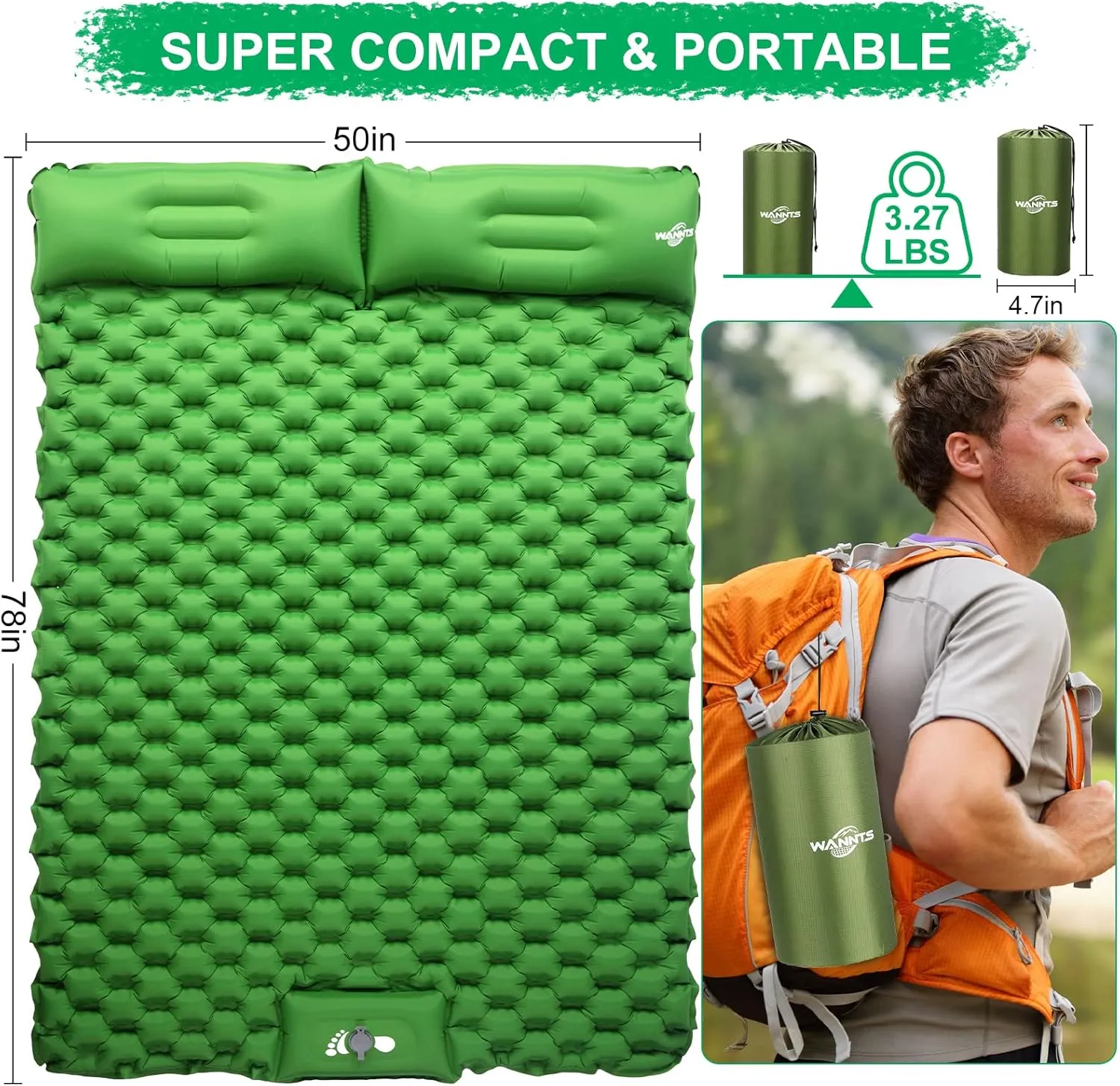 WANNTS Double Sleeping Pad, Ultralight Inflatable Sleeping Pad for Camping, Built-in Pump, Ultimate for Hiking - Airpad, Carry Bag, Repair Kit - Compact & Lightweight Camping pad(Green)
