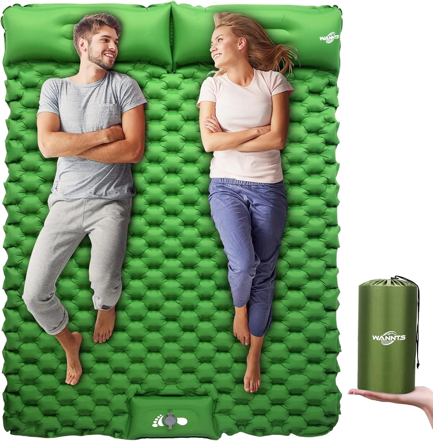 WANNTS Double Sleeping Pad, Ultralight Inflatable Sleeping Pad for Camping, Built-in Pump, Ultimate for Hiking - Airpad, Carry Bag, Repair Kit - Compact & Lightweight Camping pad(Green)