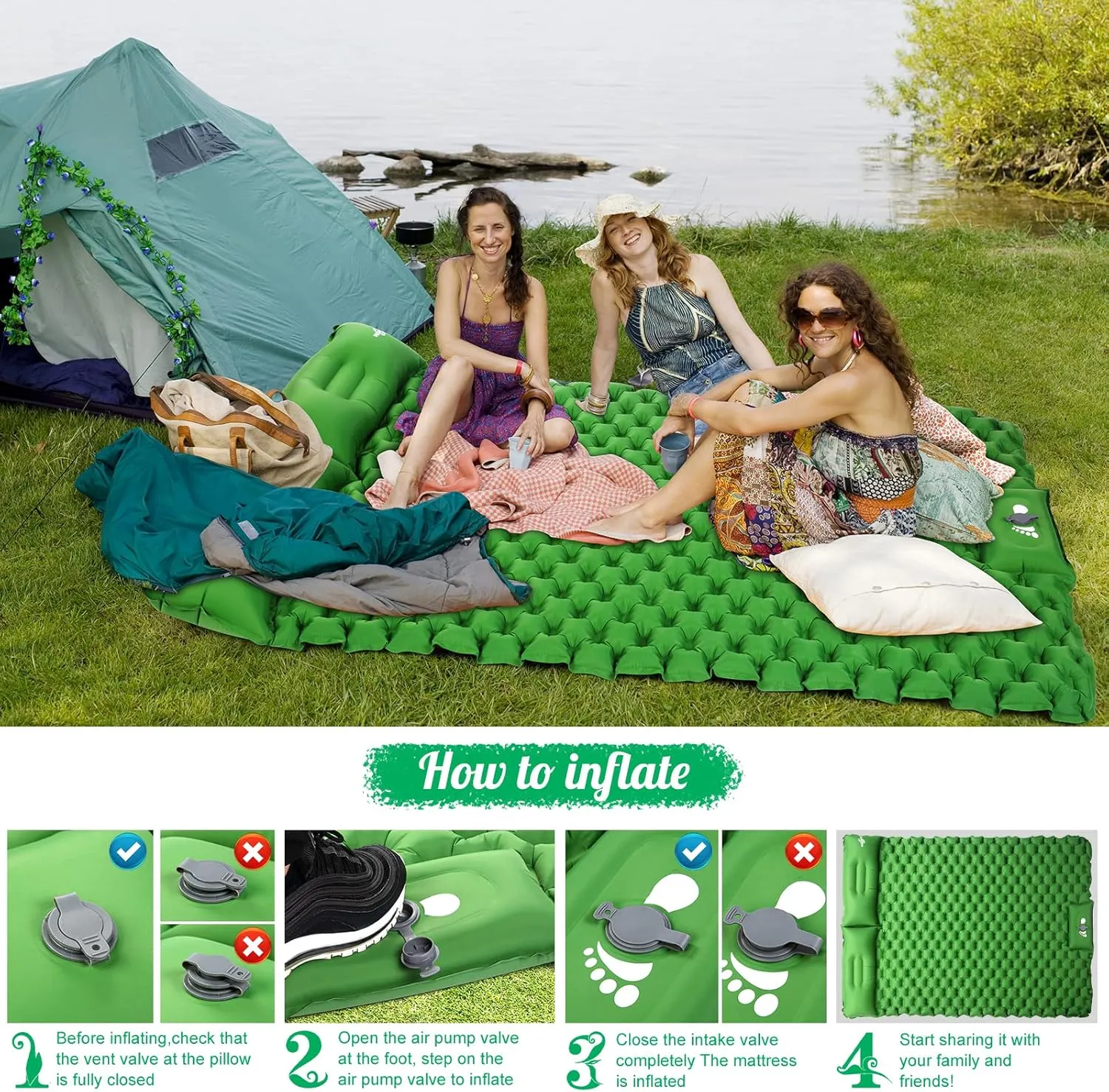 WANNTS Double Sleeping Pad, Ultralight Inflatable Sleeping Pad for Camping, Built-in Pump, Ultimate for Hiking - Airpad, Carry Bag, Repair Kit - Compact & Lightweight Camping pad(Green)