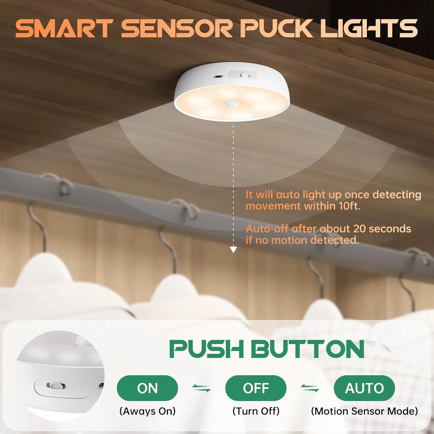 Warm Color LED Closet Lights Wireless Motion Sensor Puck Light, USB Rechargeable Battery Operated Puck Lights with Remote, Dimmable Under Cabinet Counter Lighting for Wardrobe Kitchen (6 Pack)