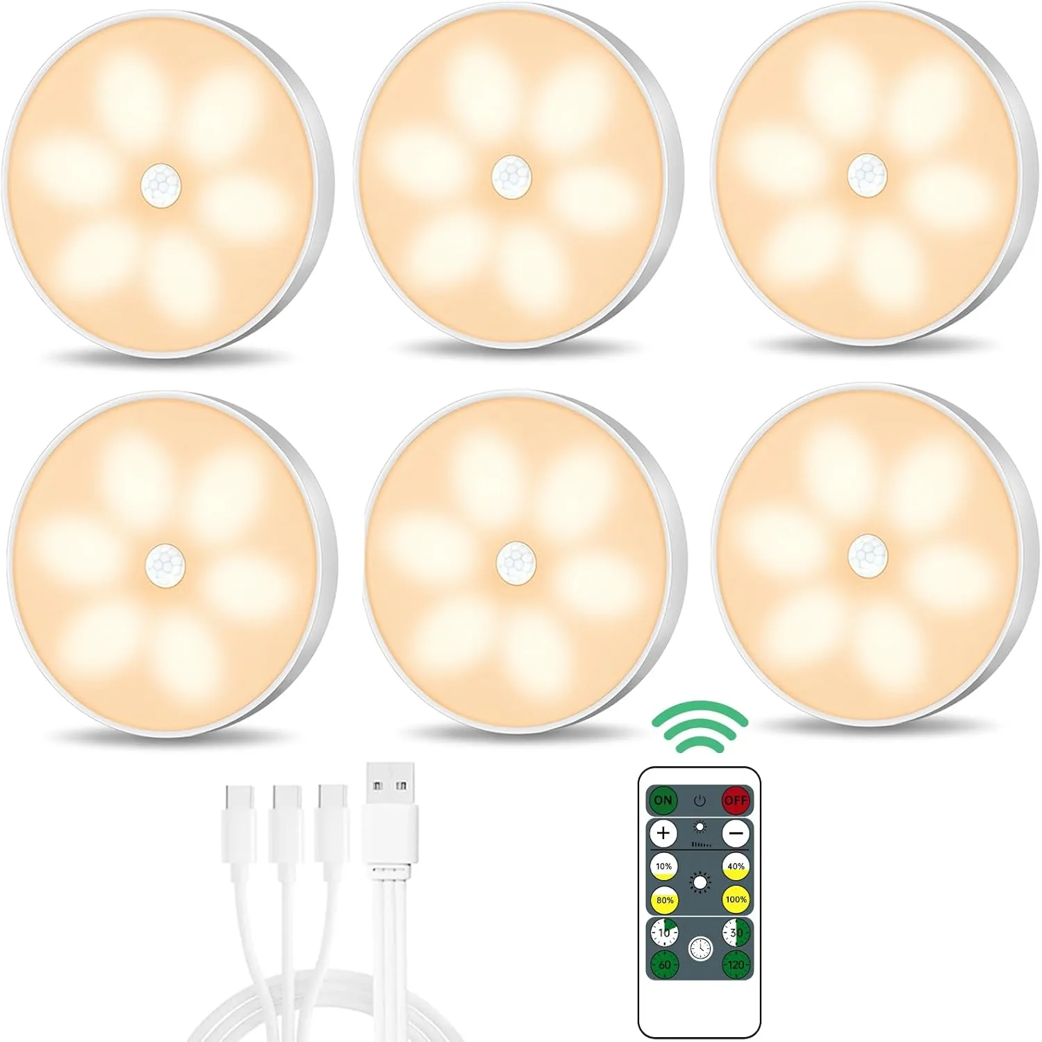Warm Color LED Closet Lights Wireless Motion Sensor Puck Light, USB Rechargeable Battery Operated Puck Lights with Remote, Dimmable Under Cabinet Counter Lighting for Wardrobe Kitchen (6 Pack)