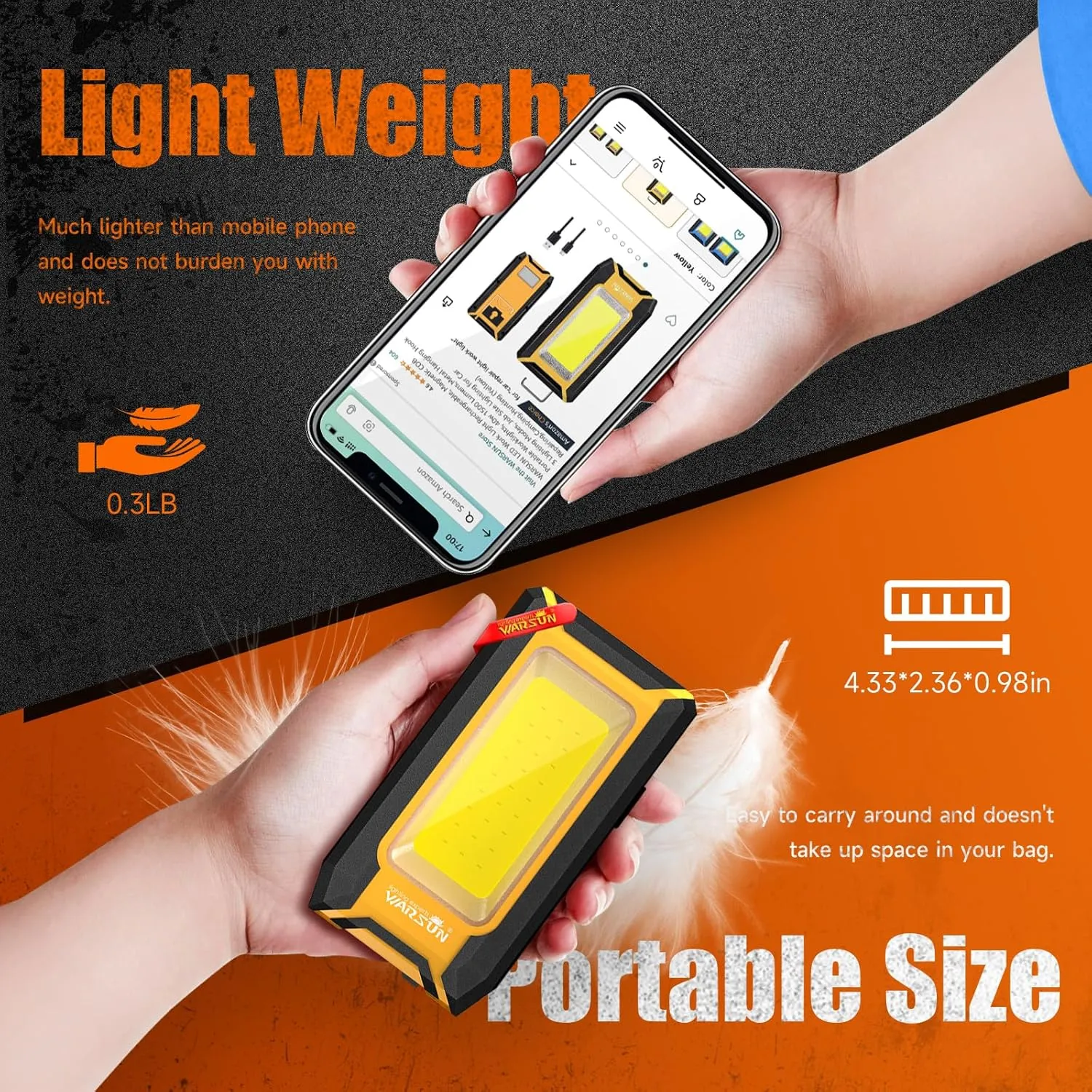 WARSUN 2PC LED Work Light Rechargeable, Magnetic COB Portable Worklights, 40w 1500 Lumens,Metal Hanging Hook 3 Lighting Modes, Job Site Lighting for Car Repairing,Camping,Hunting,Yellow Blue
