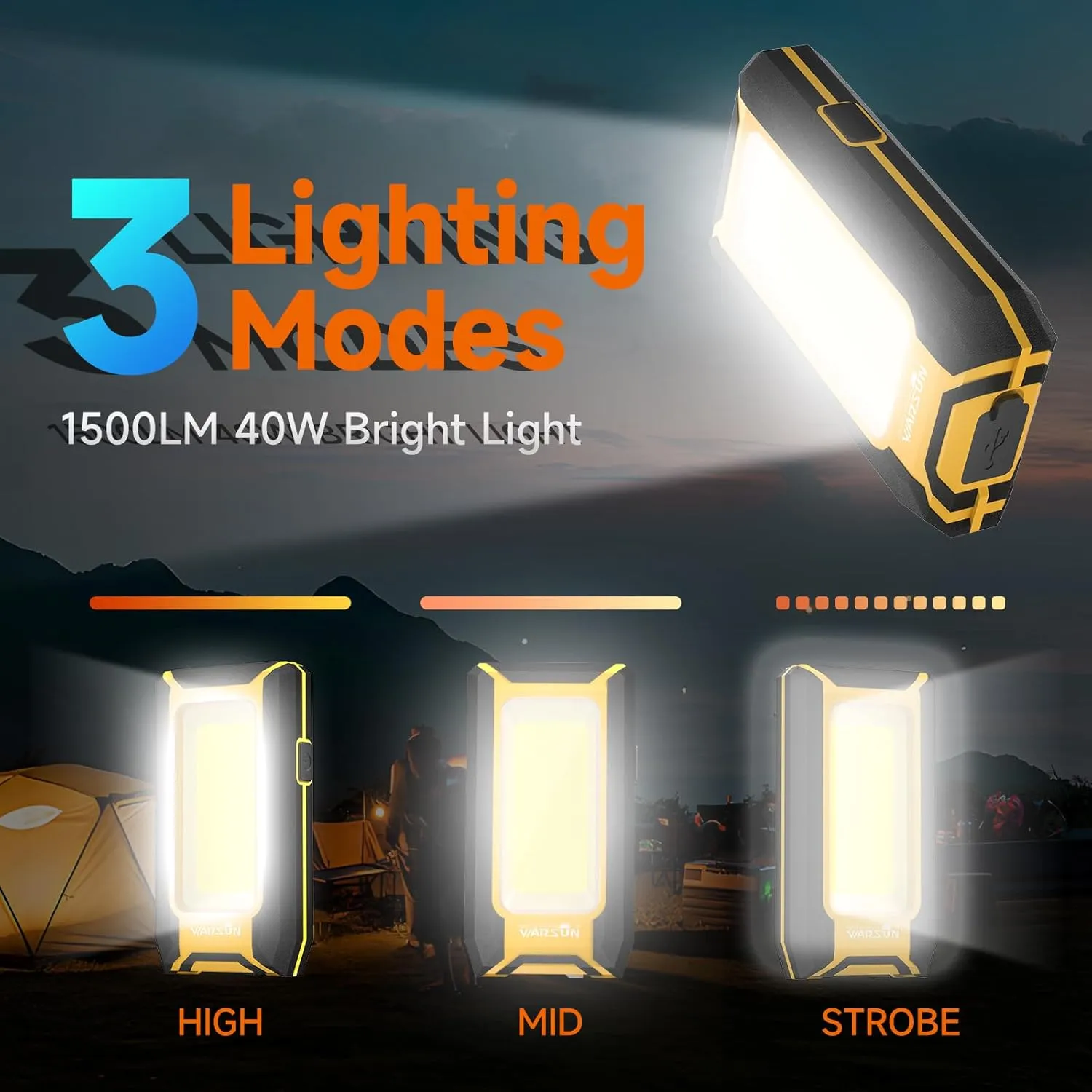 WARSUN 2PC LED Work Light Rechargeable, Magnetic COB Portable Worklights, 40w 1500 Lumens,Metal Hanging Hook 3 Lighting Modes, Job Site Lighting for Car Repairing,Camping,Hunting,Yellow Blue