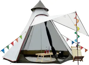 Waterproof Camping Pyramid Teepee Tent Adult Tent Waterproof Double Layers Indian Tent Yurt Tent Tower Post Bell Tent for Outdoor Family Trip