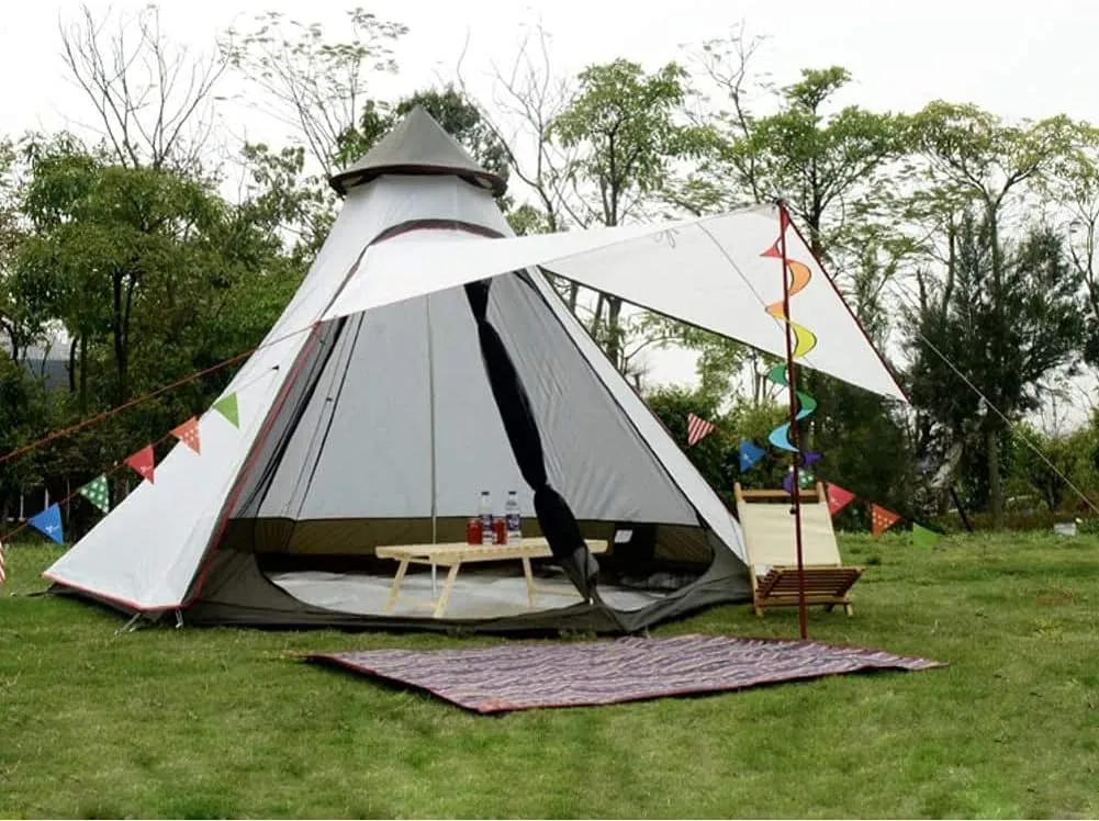 Waterproof Camping Pyramid Teepee Tent Adult Tent Waterproof Double Layers Indian Tent Yurt Tent Tower Post Bell Tent for Outdoor Family Trip