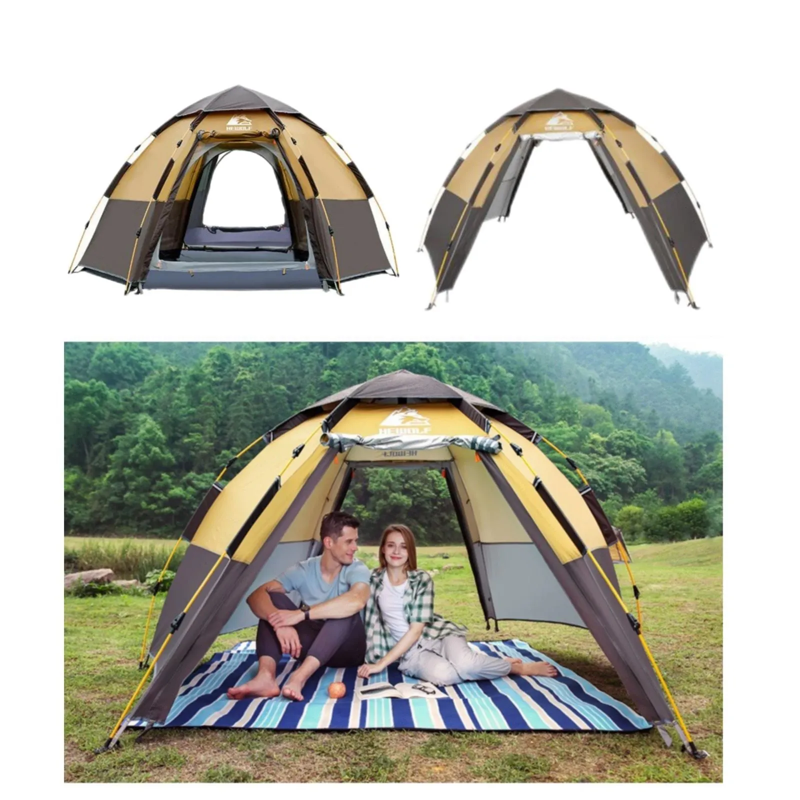 Waterproof Instant Camping Tent 4/5/6 Person Easy Quick Setup Dome Hexagonal Family Tents for Camping, Double Layer Flysheet Can be Used as Beach Shelter