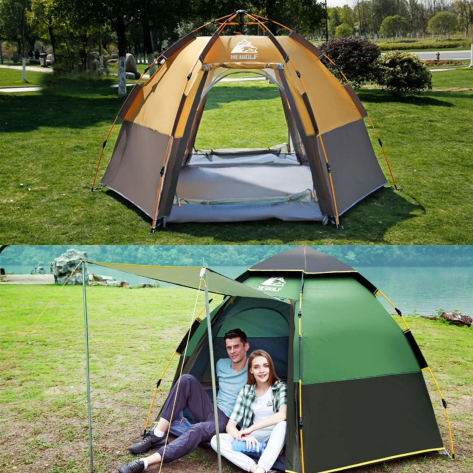 Waterproof Instant Camping Tent 4/5/6 Person Easy Quick Setup Dome Hexagonal Family Tents for Camping, Double Layer Flysheet Can be Used as Beach Shelter