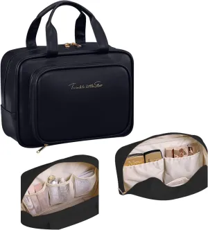 Waterproof PU Cosmetic Makeup Bag for Women - Multi-Layer Pockets Large Capacity Organizer with Soft Handles, Durable Double Zipper Closure, Stylish Portable Storage for Home & Trips (BLACK) Waterproof PU Cosmetic Makeup Bag for Women - Multi-Layer Pockets Large Capacity Organizer with Soft Handles, Durable Double Zipper Closure, Stylish Portable Storage for Home & Trips (BLACK)