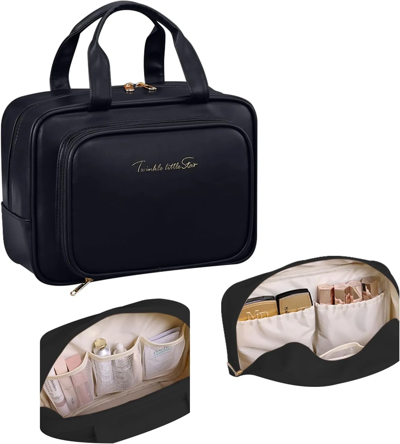 Waterproof PU Cosmetic Makeup Bag for Women - Multi-Layer Pockets Large Capacity Organizer with Soft Handles, Durable Double Zipper Closure, Stylish Portable Storage for Home & Trips (BLACK)