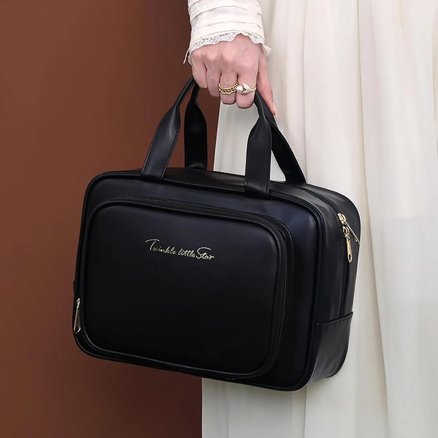 Waterproof PU Cosmetic Makeup Bag for Women - Multi-Layer Pockets Large Capacity Organizer with Soft Handles, Durable Double Zipper Closure, Stylish Portable Storage for Home & Trips (BLACK)