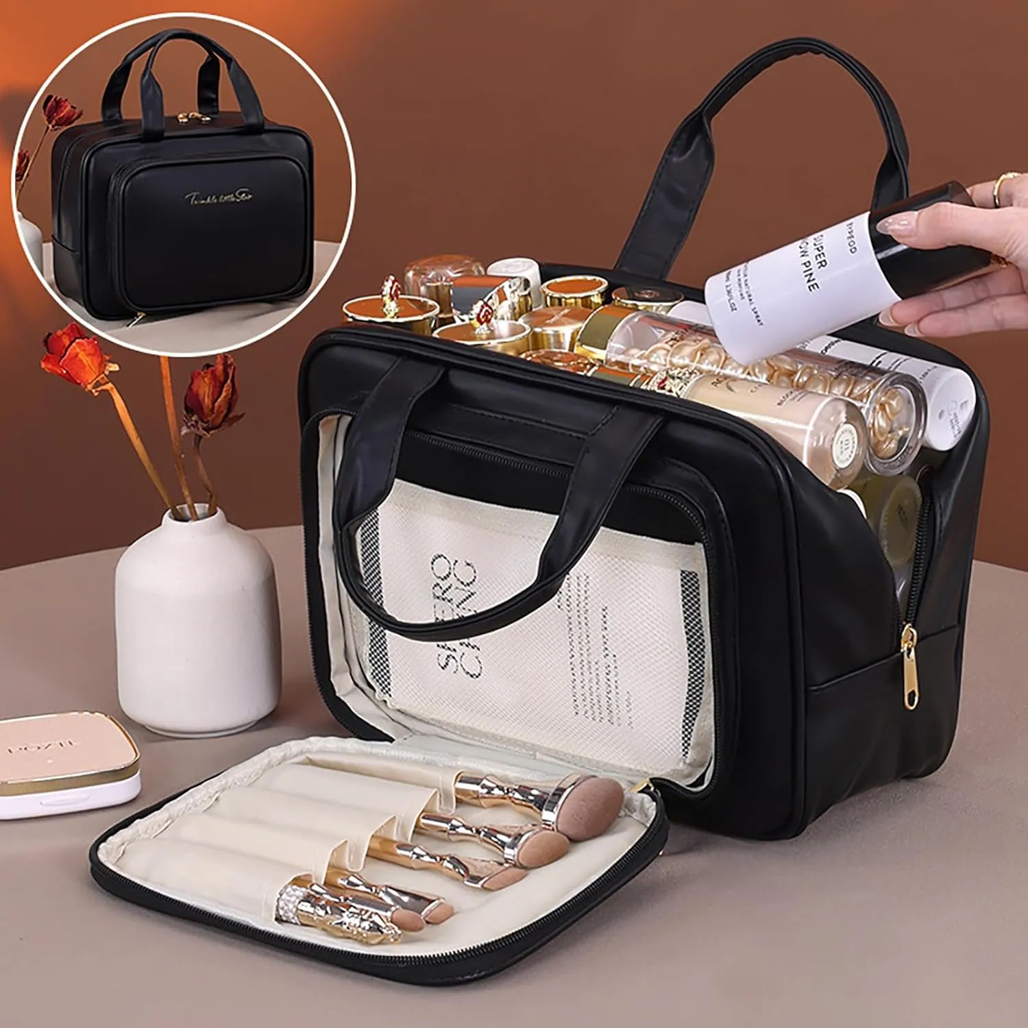 Waterproof PU Cosmetic Makeup Bag for Women - Multi-Layer Pockets Large Capacity Organizer with Soft Handles, Durable Double Zipper Closure, Stylish Portable Storage for Home & Trips (BLACK)