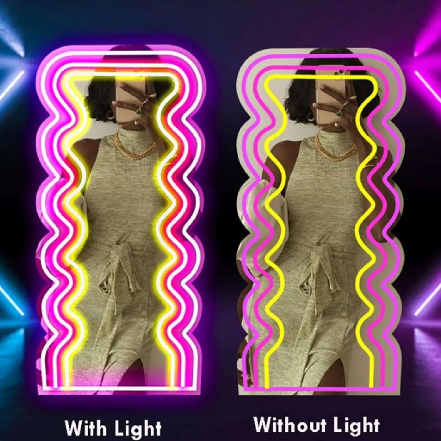 Wave Mirror Neon Sign LED Neon Lights Makeup Mirror Wall Mounted Irregular Decorative Mirrors for Bedroom Beauty Salon Living Room Girls Room Decoration(16 * 9.8 inch