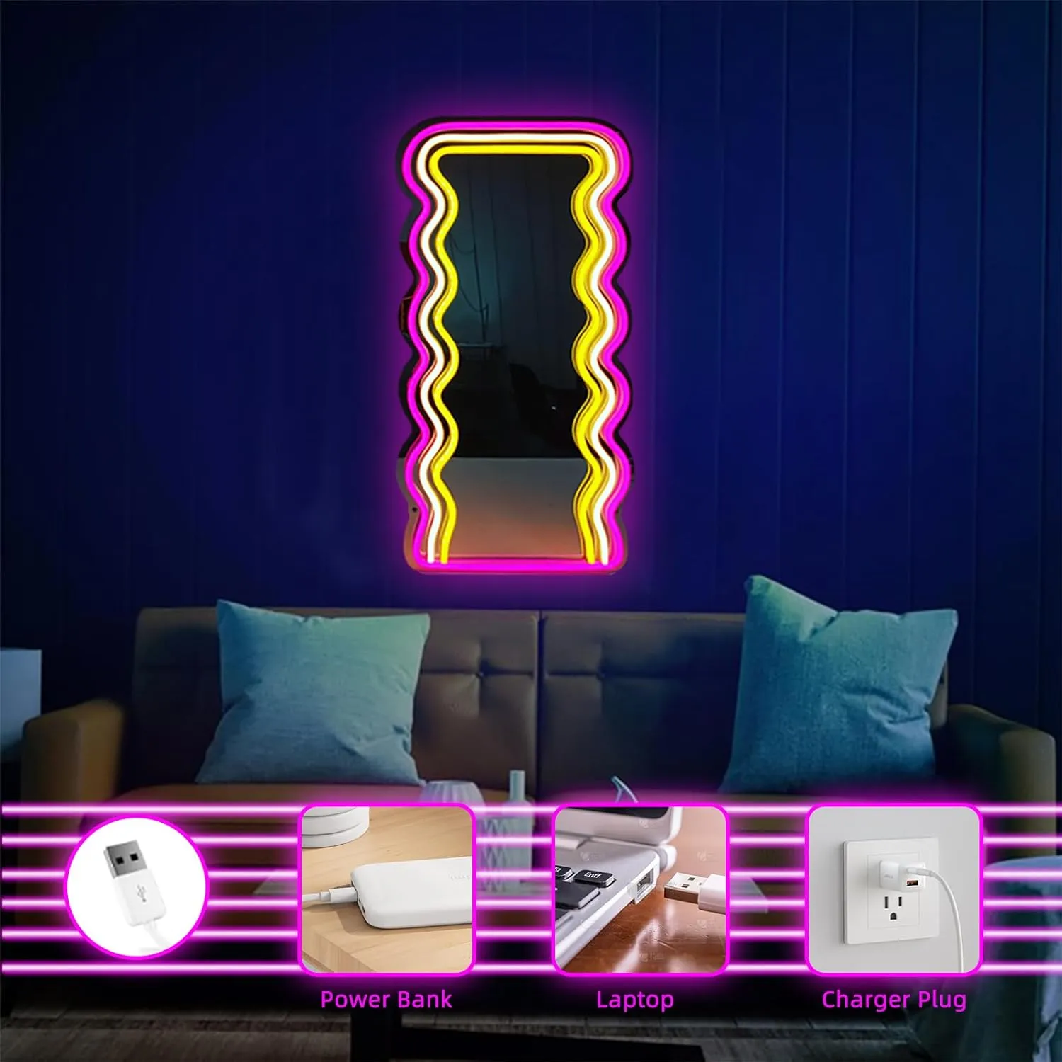 Wave Mirror Neon Sign LED Neon Lights Makeup Mirror Wall Mounted Irregular Decorative Mirrors for Bedroom Beauty Salon Living Room Girls Room Decoration(16 * 9.8 inch