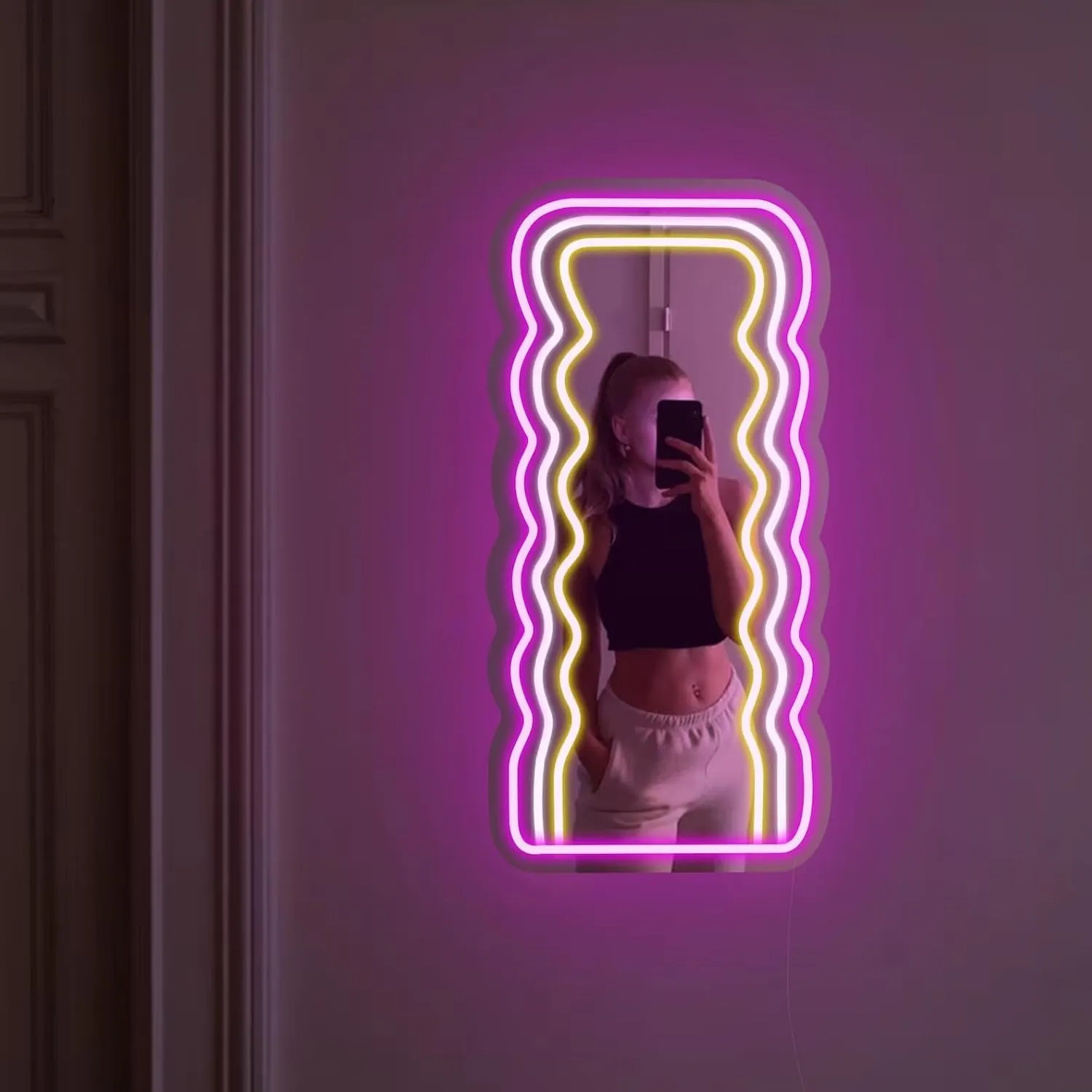 Wave Mirror Neon Sign LED Neon Lights Makeup Mirror Wall Mounted Irregular Decorative Mirrors for Bedroom Beauty Salon Living Room Girls Room Decoration(16 * 9.8 inch