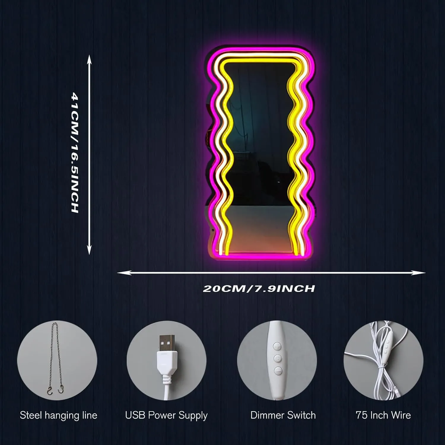 Wave Mirror Neon Sign LED Neon Lights Makeup Mirror Wall Mounted Irregular Decorative Mirrors for Bedroom Beauty Salon Living Room Girls Room Decoration(16 * 9.8 inch