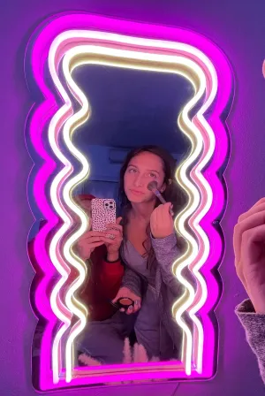 Wave Mirror Neon Sign LED Neon Lights Makeup Mirror Wall Mounted Irregular Decorative Mirrors for Bedroom Beauty Salon Living Room Girls Room Decoration(16 * 9.8 inch