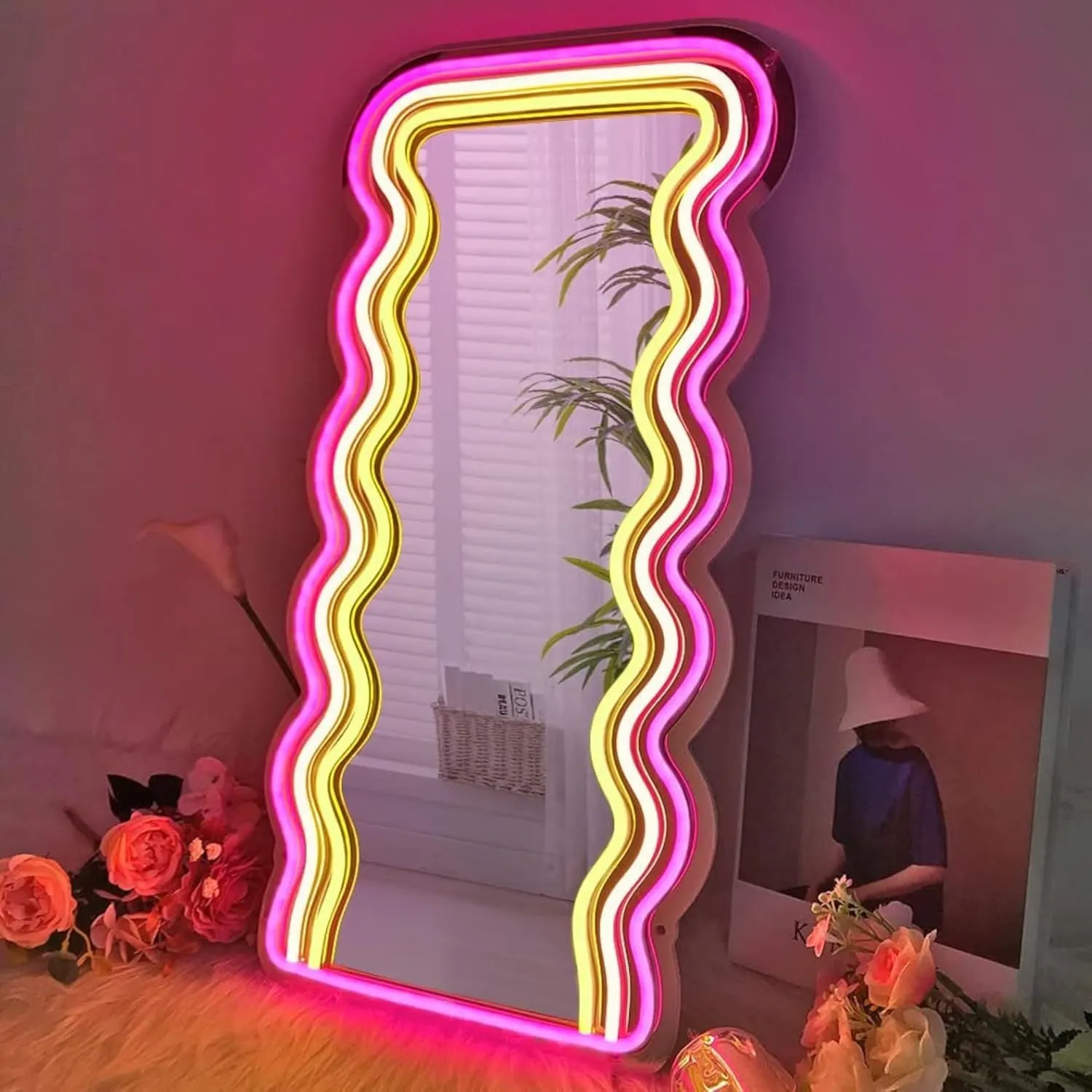 Wave Mirror Neon Sign LED Neon Lights Makeup Mirror Wall Mounted Irregular Decorative Mirrors for Bedroom Beauty Salon Living Room Girls Room Decoration(16 * 9.8 inch