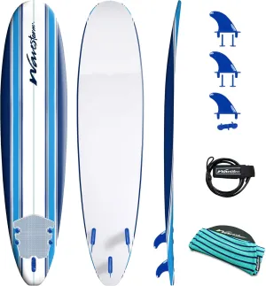 Wave Storm - Classic Soft Top Foam 8' Surfboard for Beginners and All Surfing Levels Complete Set Includes Leash and Multiple Fins Heat Laminated, Blue Pinline