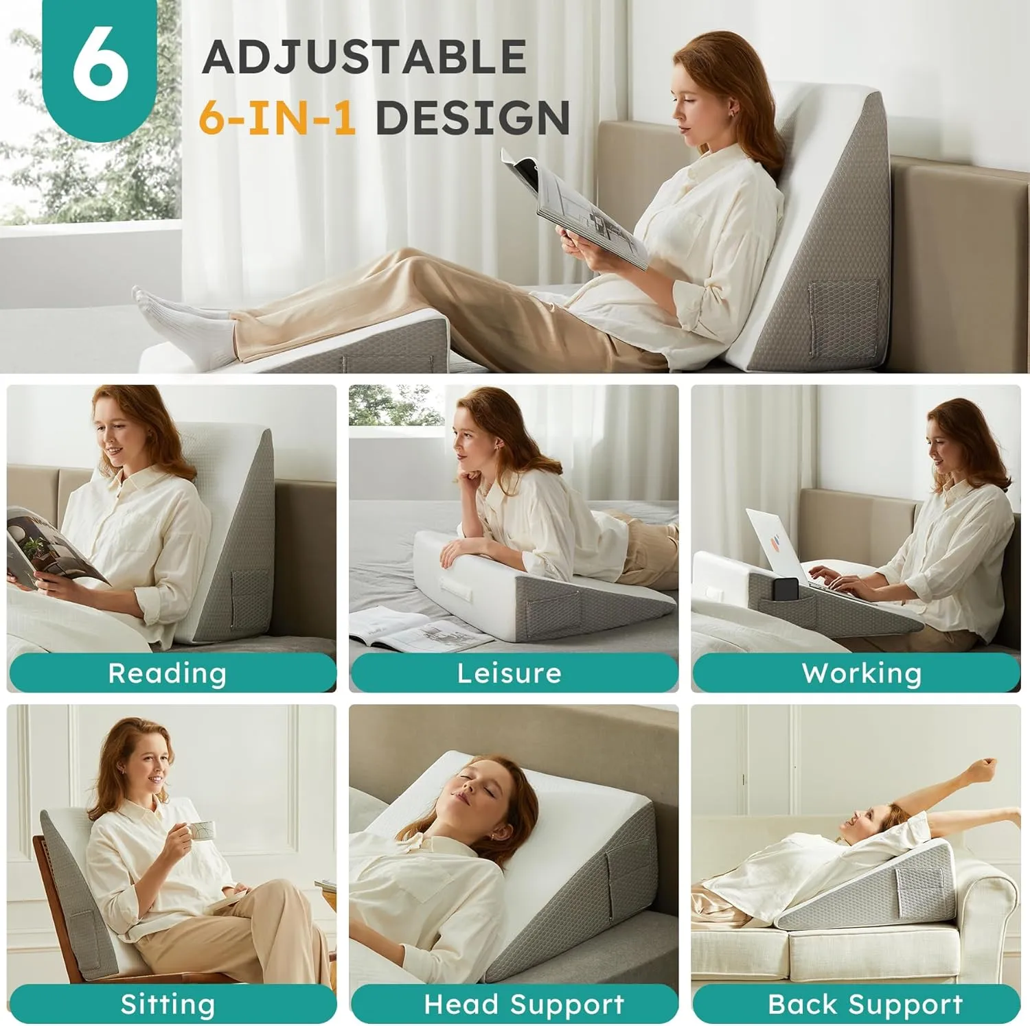 Wedge Pillow, 10 inch Bed Wedge Pillow for Headboard, Pillow Wedge for Acid Reflux Relief, Sleeping, Back Pain Relief, Snoring, Triangle Pillow Wedge - Cooling Memory Foam Top, White/Grey