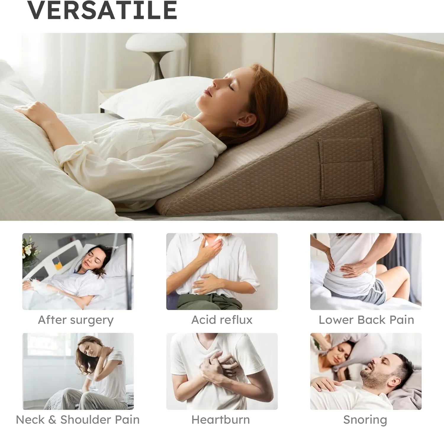 Wedge Pillow for Sleeping, 12 inch Elevated Support Bed Wedge Pillow, Breathable Triangle Pillow Wedge with Cooling Memory Foam Top - Removable Washable Cover, Coffee
