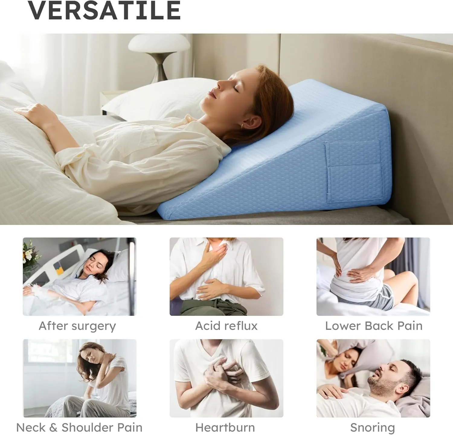 Wedge Pillow for Sleeping, 12 inch Elevated Support Bed Wedge Pillow, Breathable Triangle Pillow Wedge with Cooling Memory Foam Top - Removable Washable Cover, Light Blue