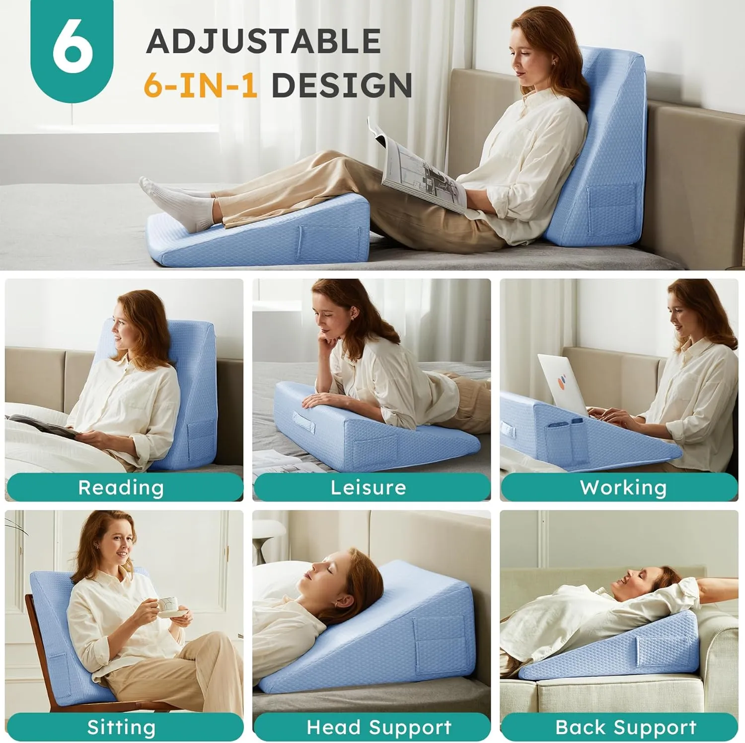 Wedge Pillow for Sleeping, 12 inch Elevated Support Bed Wedge Pillow, Breathable Triangle Pillow Wedge with Cooling Memory Foam Top - Removable Washable Cover, Light Blue