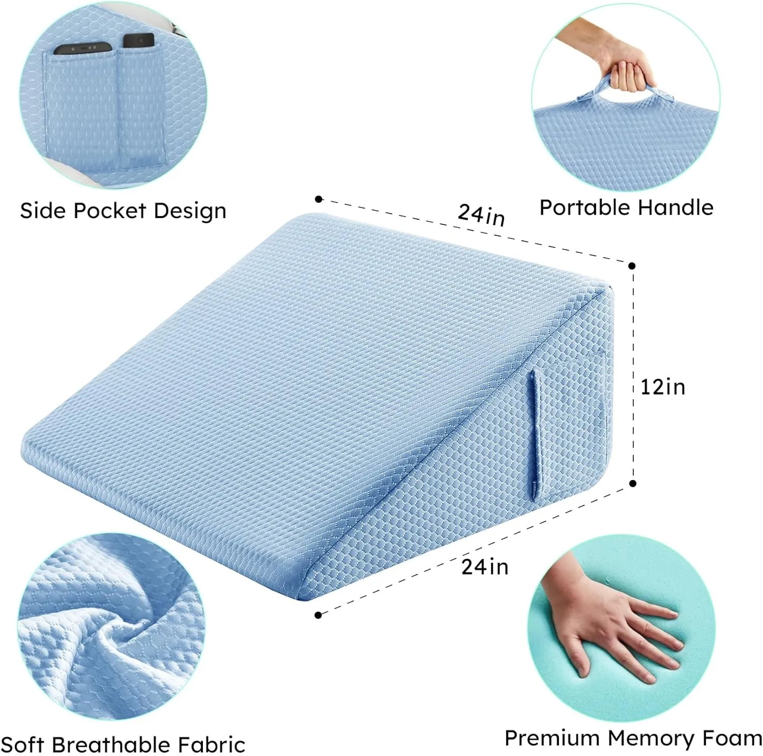 Wedge Pillow for Sleeping, 12 inch Elevated Support Bed Wedge Pillow, Breathable Triangle Pillow Wedge with Cooling Memory Foam Top - Removable Washable Cover, Light Blue