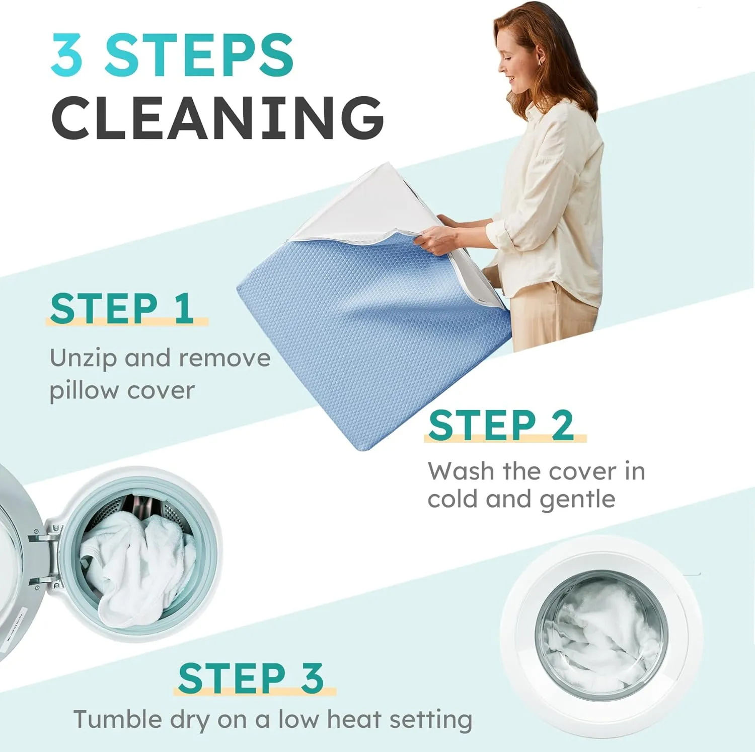 Wedge Pillow for Sleeping, 12 inch Elevated Support Bed Wedge Pillow, Breathable Triangle Pillow Wedge with Cooling Memory Foam Top - Removable Washable Cover, Light Blue