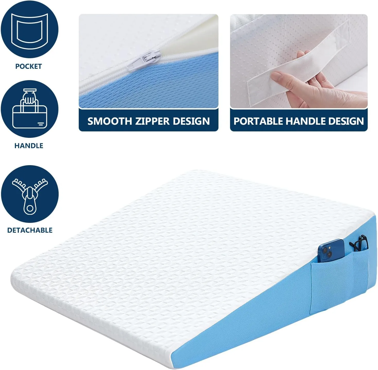 Wedge Pillow for Sleeping, 7.5" Bed Wedge After Surgery, Back Pain Relief, Memory Foam Pillow Triangle Incline Wedge for Back Support, Leg Elevation