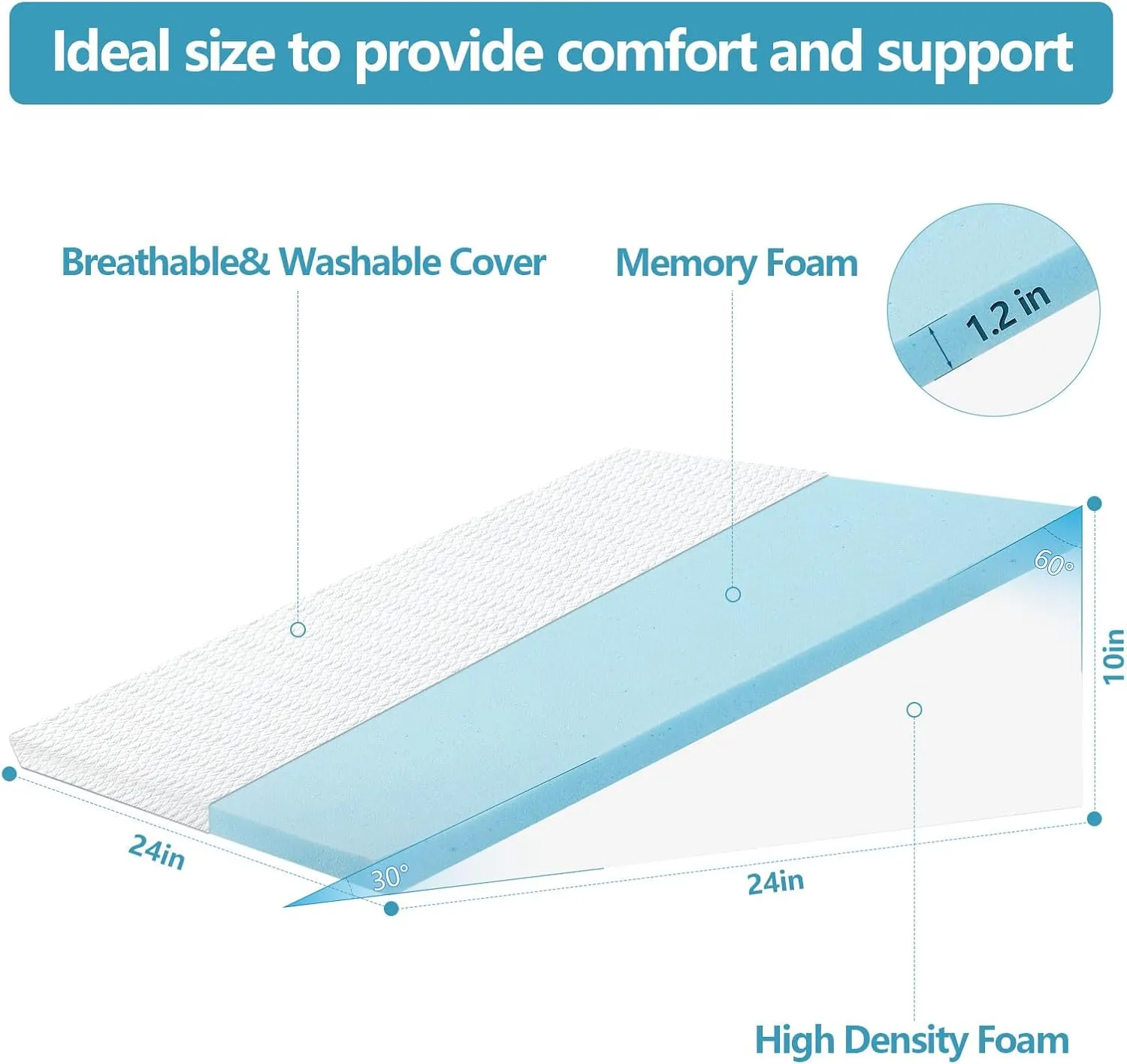 Wedge Pillow for Sleeping & Resting, 24"x24"x10" Memory Foam Cushion with Grey and White Patterned Polyester Cover, Ideal for Bedroom & Living Room – Comfortable Support for Adults