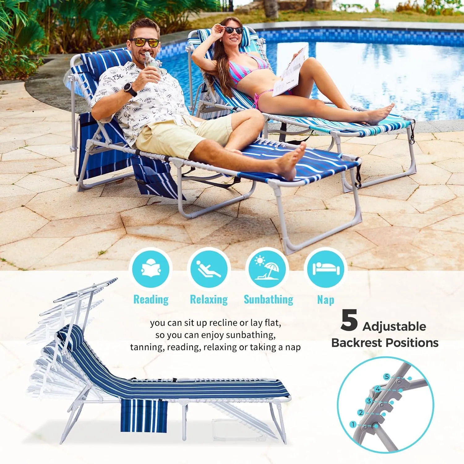 #WEJOY 3 in 1 Tanning Chair with Face Hole & Canopy, 300 lbs Heavy Duty 5 Positions Folding Face Down Lounge Chairs Outdoor with Pillow & Storage Bag Portable for Pool Beach Lawn Camping (Bluestrips)