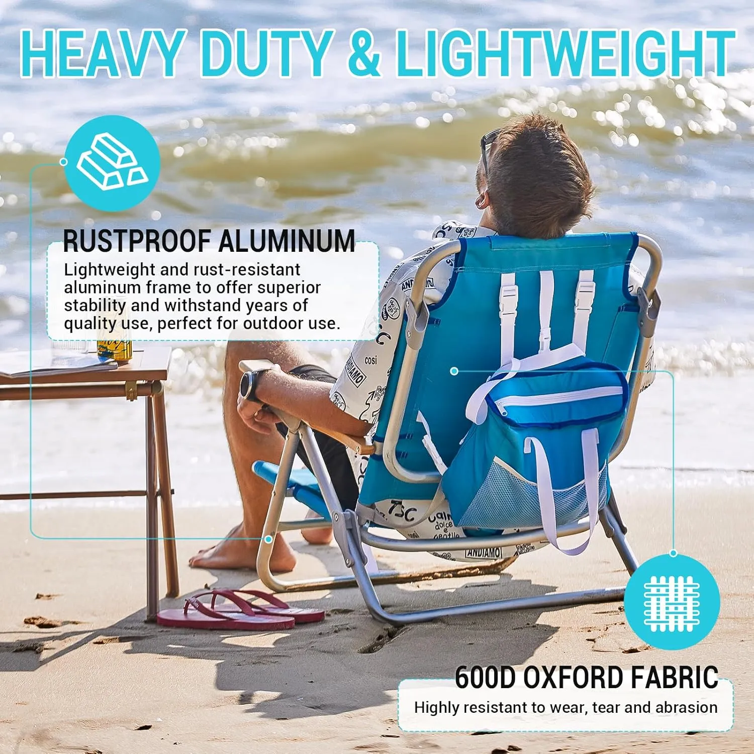 #WEJOY Folding Beach Chair for Adults, 4-Position Aluminum Lightweight Beach Chair, Low Sands Chairs with Shoulder Strap, Cup Holder and Padded Headrest, Supports 265lbs for Lawn