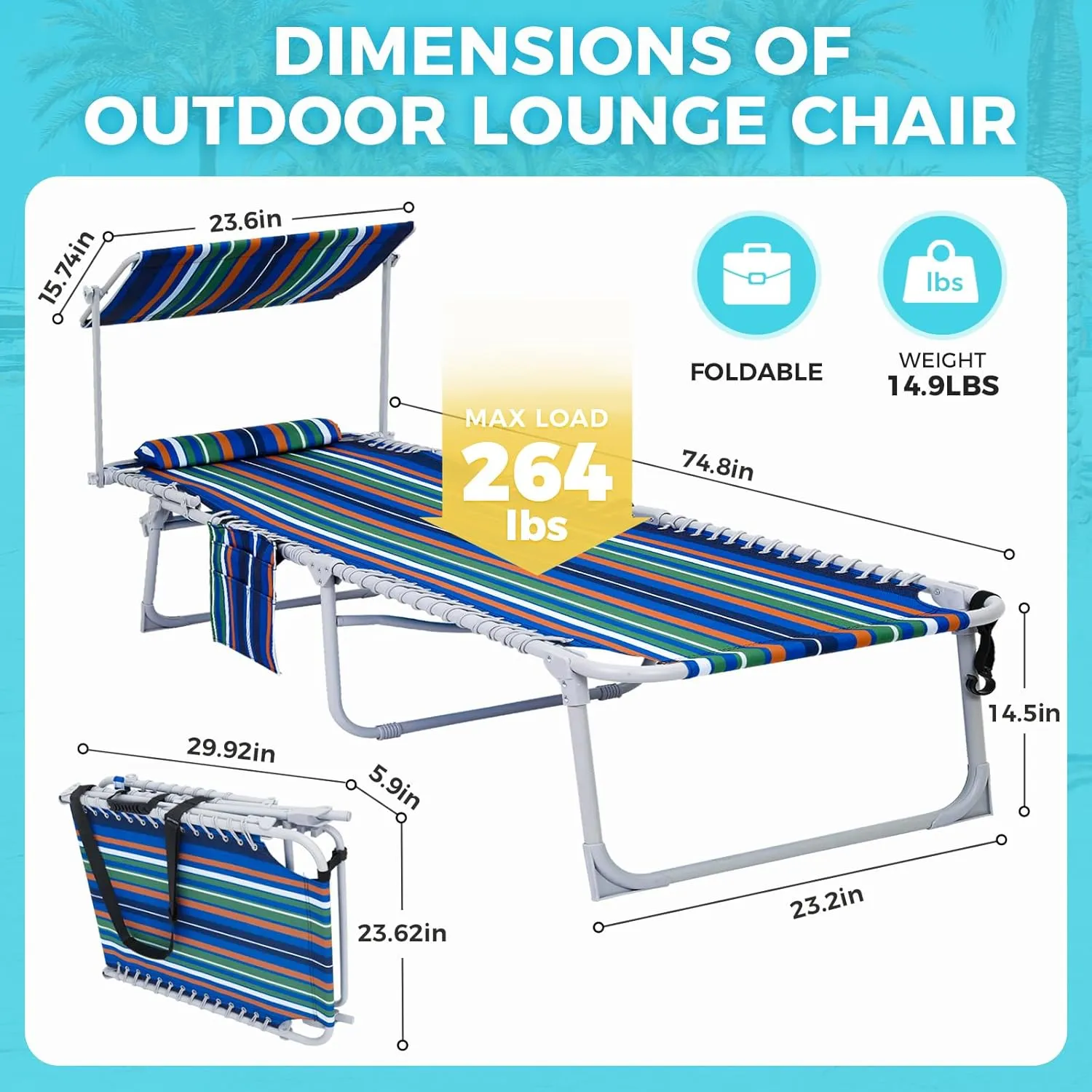 #WEJOY Folding Lounge Chair with Canopy Shade, Portable Adjustable 5-Position Patio Chaise Lounger with Pillow & Storage Pocket for Lay Flat Outdoor Lawn Backyard Beach Camping Pool Tanning