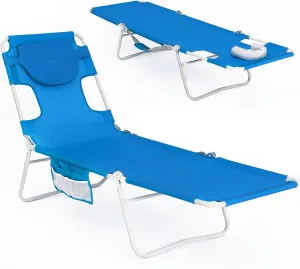 #WEJOY Folding Tanning Chair with Face Hole, 5 Positions Face Down Beach Lounge Chairs with Pillow for Outside Sunbathing Poolside (Blue)