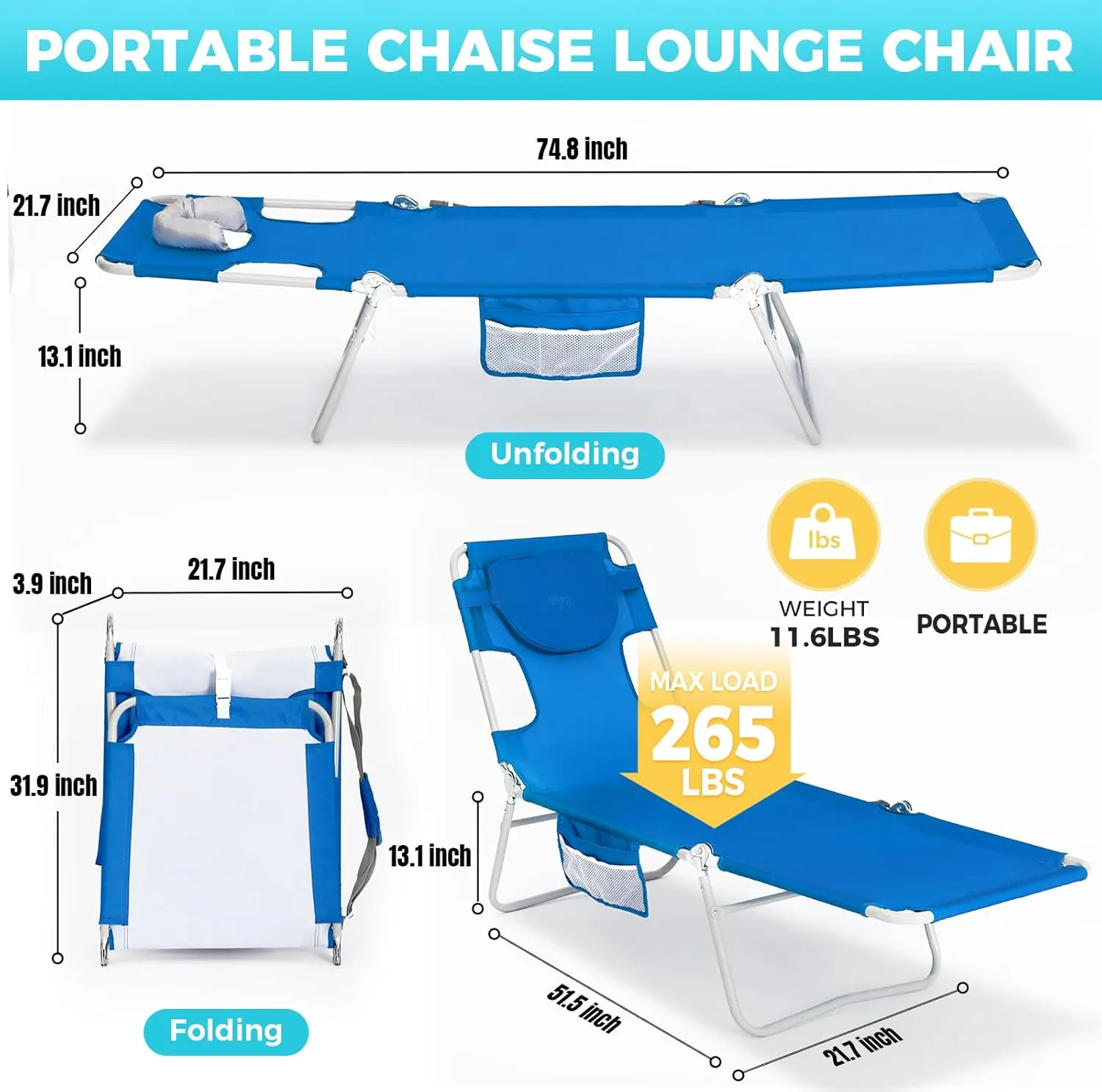 #WEJOY Folding Tanning Chair with Face Hole, 5 Positions Face Down Beach Lounge Chairs with Pillow for Outside Sunbathing Poolside (Blue)